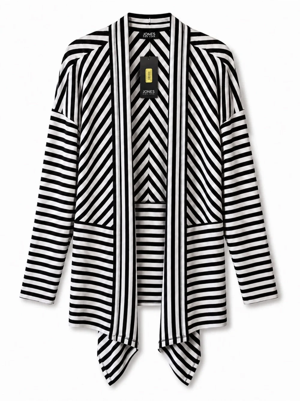 JONES NEW YORK BLACK GRAY STRIPED OPEN SUPER SOFT BUSINESS CASUAL CARDIGAN SZ M